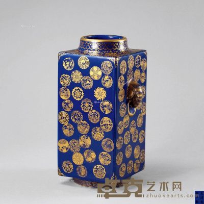 清光绪 霁蓝釉描金皮球花象耳方瓶 高29.4cm