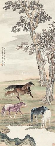 沈塘 临钱南湖五马图