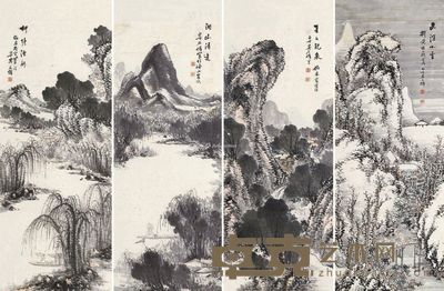 吴石僊 山水 136×51cm×4