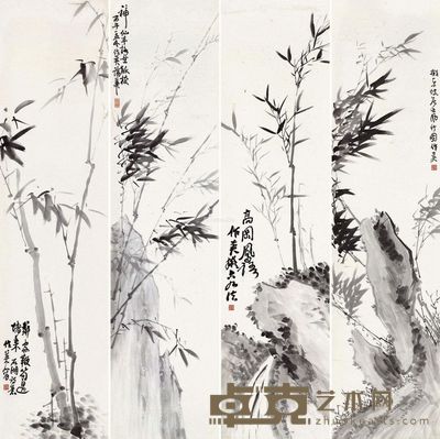 蒲华 竹石 137.5×34cm×4