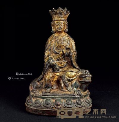 清中 铜泥金文殊菩萨像 高23cm
