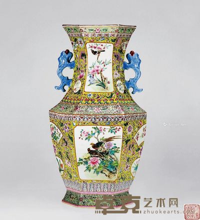 70年代 粉彩斗方花鸟六方双耳瓶 高44cm