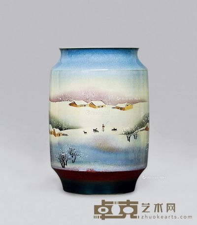 高温色釉粉彩雪景人物山水瓶 高46cm