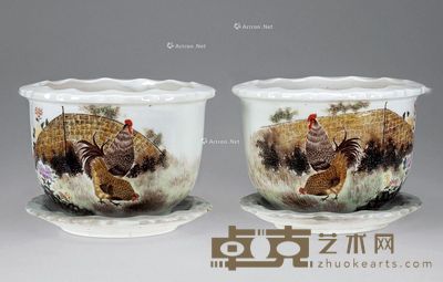 50年代 粉彩秋菊佳色石榴花盆 （一对） 高17cm