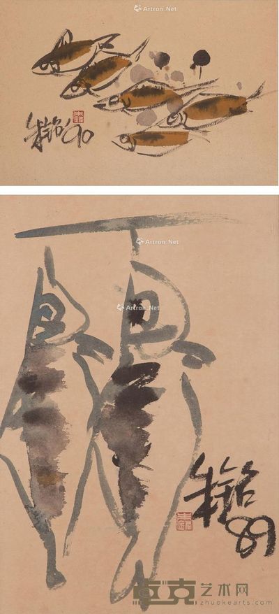 朱铭 鱼(89)鱼(90) 48.5×32.5cm;32.5×49cm