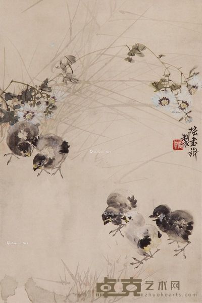 张书旂 菊花鸽鸡图 45×30.5cm