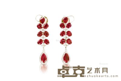 9.4克拉天然「缅甸」红宝石配钻石耳环 (一对) --