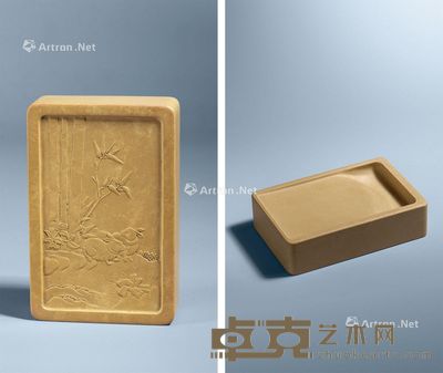 清中期 澄泥薄意雕双兔呈祥纹砚 长12.1cm