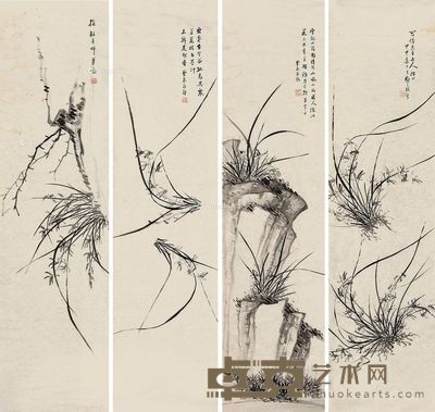 邓云泉 兰石 134×34cm×4