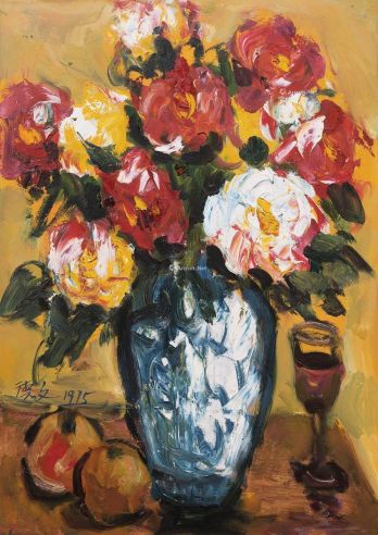 刘德文 1975年作 瓶花玫瑰 板面油画