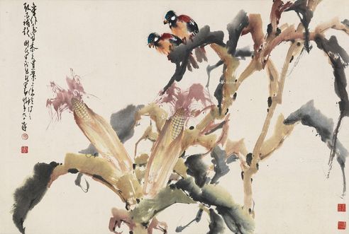 赵少昂 玉米双雀