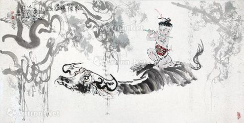 陈略 榕溪牧笛图