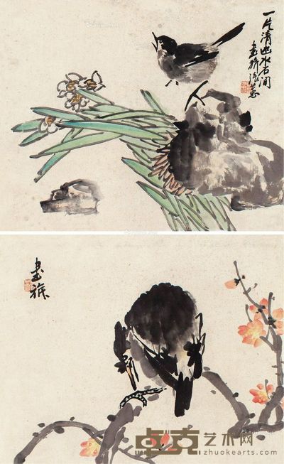 张书旂 花鸟 27×34cm×2