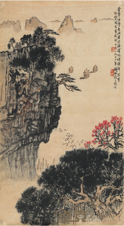 钱松嵒 江天帆影图 68×37cm