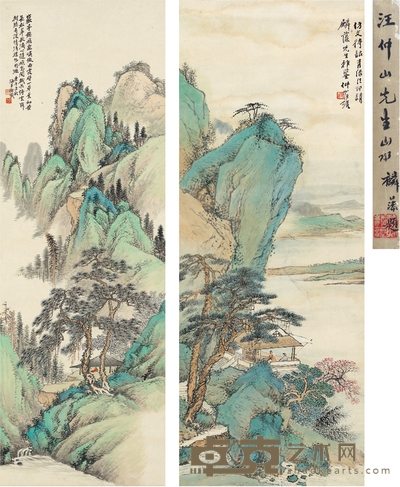 汪琨 水岸会客图 岩亭听泉图 79×29. 5cm 125. 5×42. 5cm