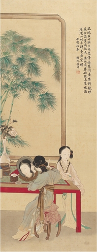 黄均 对镜理妆图