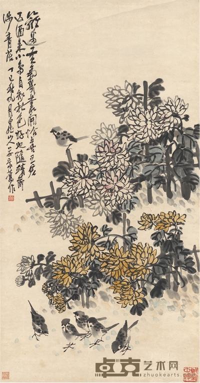 王震 篱菊雀禽图 105×55cm