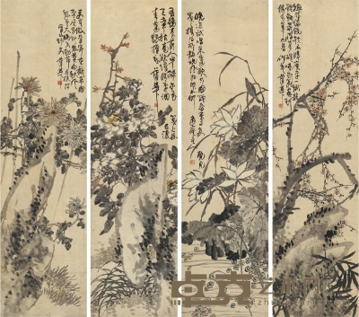 蒲华 花卉四屏 170×46cm×4