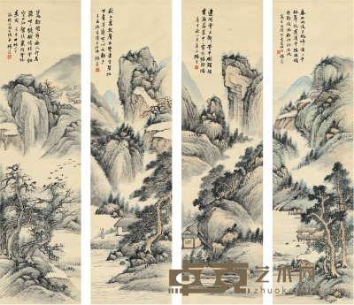 杨逸 四时山水图 145.5×38.5cm×4