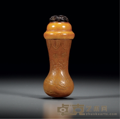 清·范模葫芦配玳瑁镂雕蝈蝈花卉纹虫罐 高：12cm