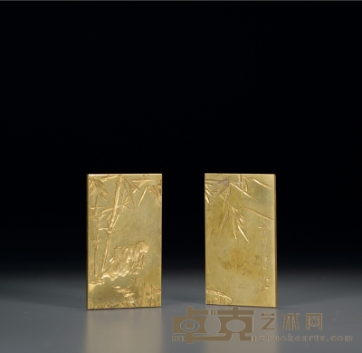 近代·唐云画竹石图吴蘅刻铜镇纸一对 长：8.3cm 宽：5cm