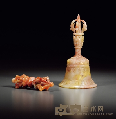 清 寿山石雕金刚杵及金刚法铃 （一组两件） 金刚铃长18.5cm；杵长12.5cm