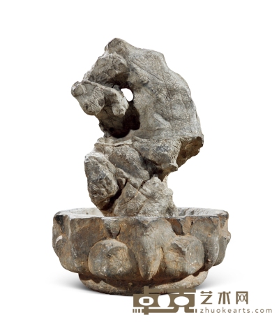 明·青石莲瓣纹石盆连灵璧石赏石 45×45×60cm