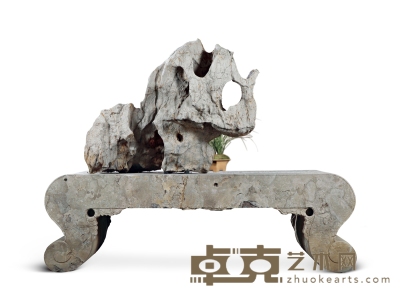 清·青石三弯腿石桌连太湖石赏石 192×69×154cm