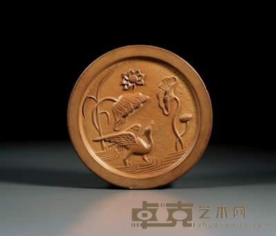清·鹭鸶戏荷图砂胎圆砚 4.2×12.8cm