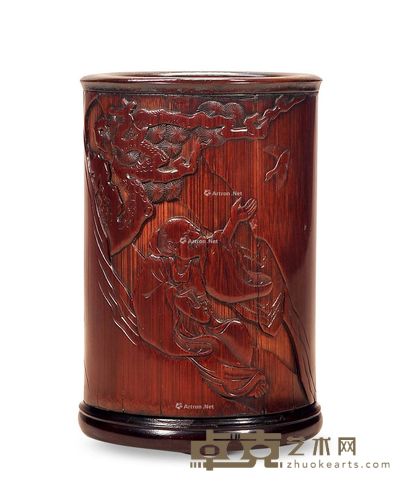 清初 竹雕“王乔飞舄”故事图笔筒 高15.5cm