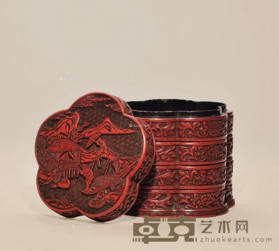 明 剔红‘临江宴饮’图奁盒 高14.8cm
