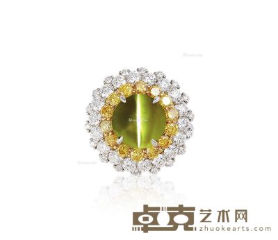 9.38克拉天然金绿宝石「猫眼」配钻石戒指 --