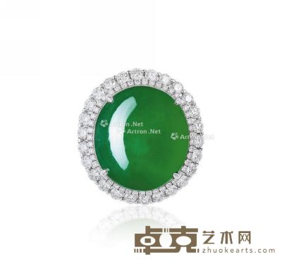 天然满绿翡翠蛋面配钻石戒指 --