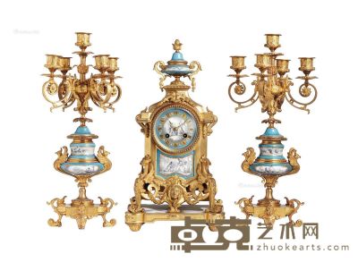 约19世纪 法国 拿破仑三世风格铜鎏金手绘瓷配烛台座钟 钟21×16×41cm；烛台20×20×44cm
