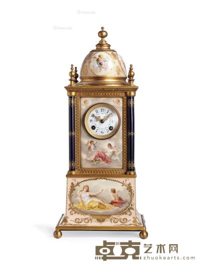 约19世纪 法国 维也纳风格彩绘珐琅瓷面鎏金座钟 20×20×45cm