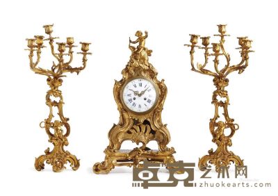 约19世纪 法国 铜鎏金手珐琅座钟 （三件套） 钟30×17×45cm；瓶15×11×39cm