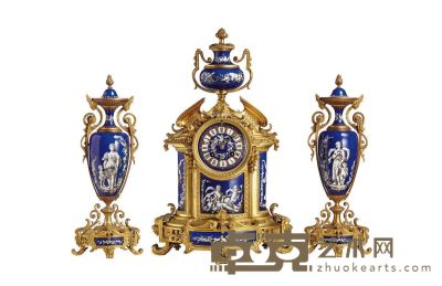 约19世纪 法国 洛可可风格铜鎏金壁炉钟 （三件套） 钟37×19×57cm；烛台29×29×60cm