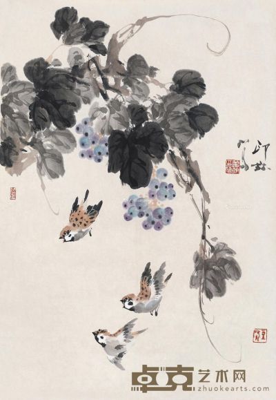 萧朗 葡萄麻雀 69×47.5cm