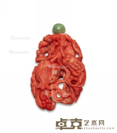 清中期 珊瑚雕福禄寿挂件 长6cm