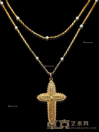 19世纪拿破仑三世时期 珍珠18K金透雕草叶纹十字形吊坠项链 --