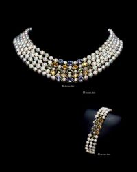 20世纪 珍珠彩色蓝宝18K金项链、手链套装