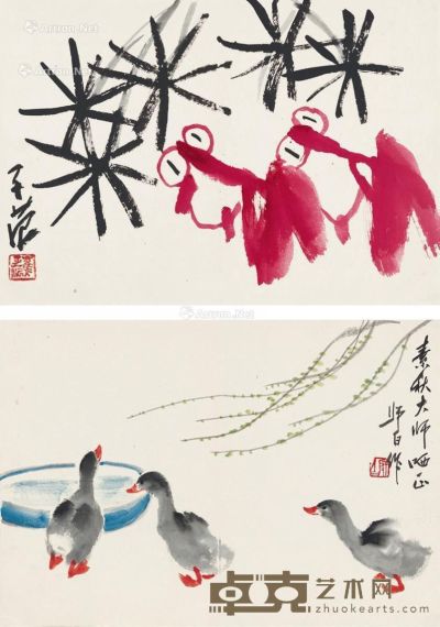 娄师白 崔子范 为吴素秋画鸭 金鱼 （二帧） 镜片 纸本 46×32cm×2