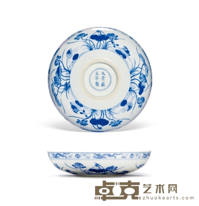 清雍正·青花荷塘鸳鸯纹卧足盘 直径17.4cm