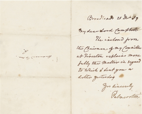 巴麦尊 1859年12月25日作 致大法官约翰?坎贝尔亲笔信 信笺 一张一页 （附证书）