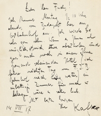 卡夫卡 1917年7月14日作 有关其情感轶闻的罕见亲笔信 信笺 一张一页 （附证书）