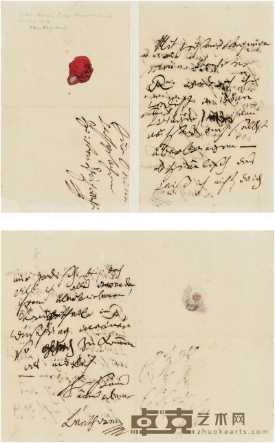 贝多芬 1814年2月22日作 有关阐释人性与歌曲创作的重要亲笔信 信笺 一张三页 （附证书，旧函套及源文档） 23.5×18.5cm