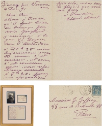 莫奈 1891年12月4日作 致艺术史家格夫雷亲笔信 信笺一张二页 （附信封一枚，同莫奈照片镶嵌于镜框内，附证书）