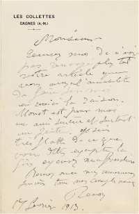 雷诺阿 1913年1月17日作 有关莫奈的亲笔信 信笺 一张一页