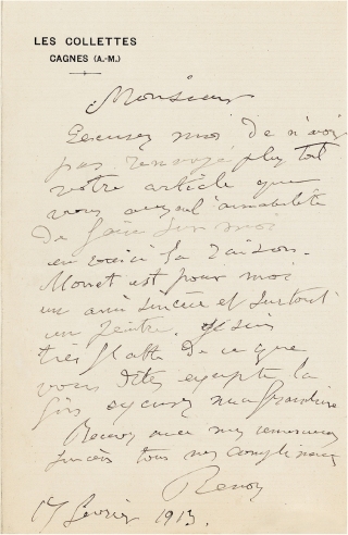 雷诺阿 1913年1月17日作 有关莫奈的亲笔信 信笺 一张一页