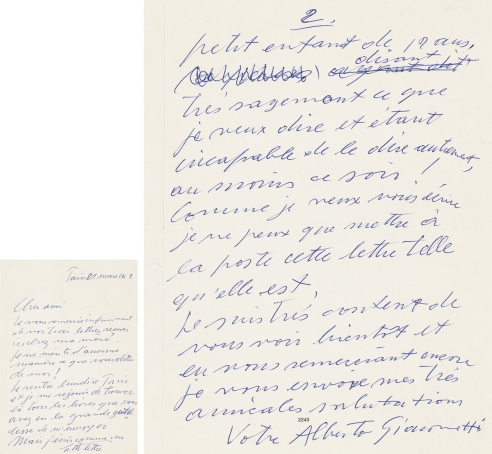 贾科梅蒂 1962年3月21日作 有关威尼斯双年展的亲笔信 信笺 一张二页 （附证书）